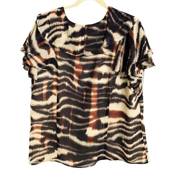 Jones New York Collection Sz 18W Blouse Animal Print Ruffles Cap Flutter Sleeves - Picture 2 of 6